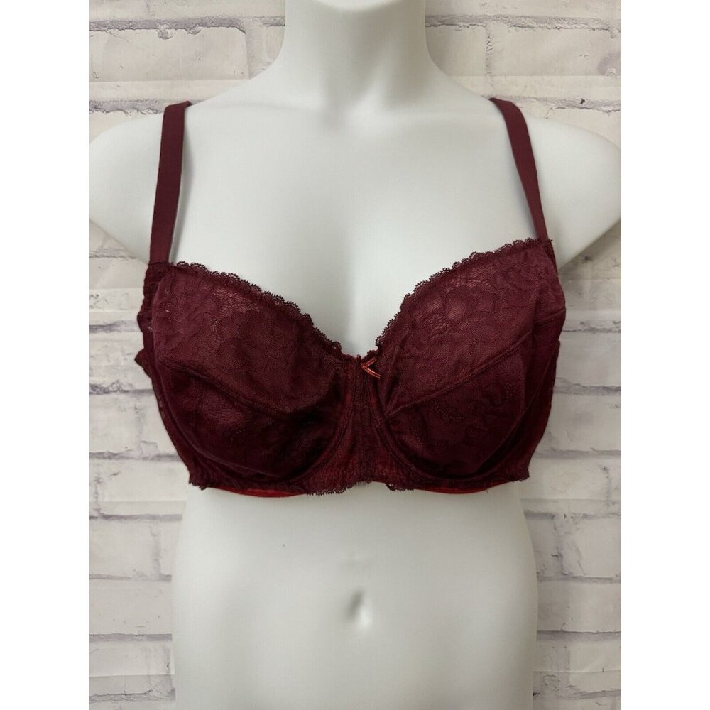 Cacique Size 44C Unlined Full Coverage Maroon Lace Underwire Bra‎ Sexy Sheer